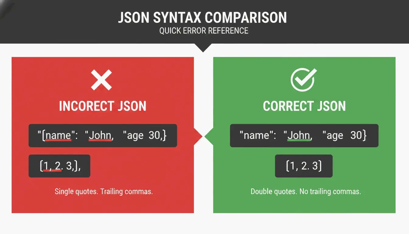JSON 구문 규칙의 옳고 그름을 단순 비교한 이미지.