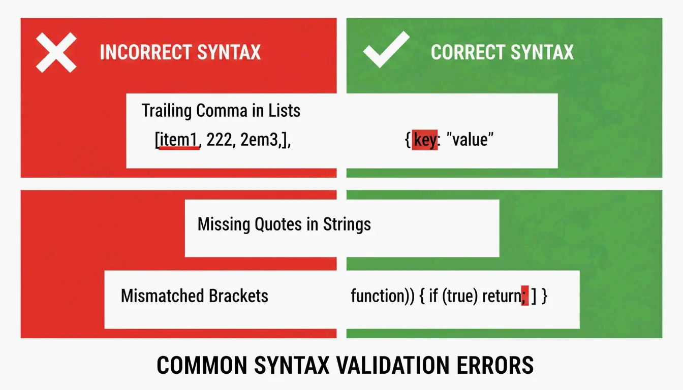 Vergelijking zij-aan-zij van ongeldige vs geldige JSON-syntax