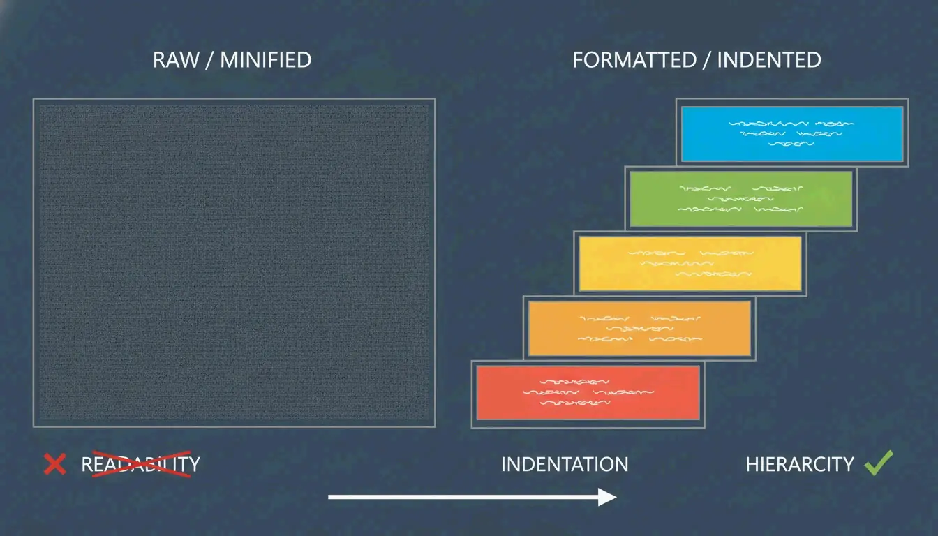 Visuell sammenligning av minifisert tekst versus innrykket hierarkisk struktur