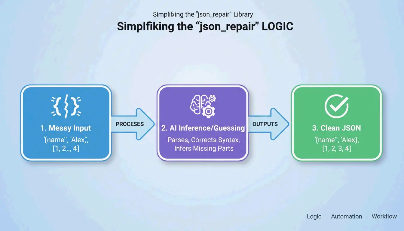 Eenvoudig 3-staps proces van json_repair: Invoer (kapot) -> Intentie raden -> Uitvoer (geldig)